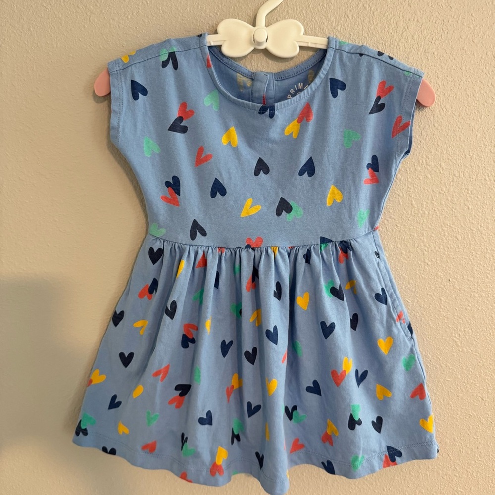 Primary Blue Kids Backyard Dress with Heart Pattern